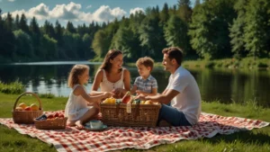 Семья на пикнике на природе с пледом и корзиной для еды