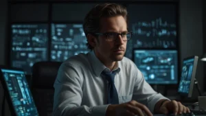 IT-специалист за ноутбуком с чувством тревоги и усталости на фоне быстро меняющихся технологий