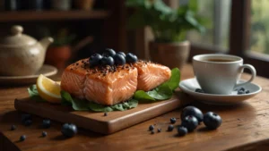 Продукты для улучшения концентрации и работы мозга: рыба, ягоды, орехи, зелень на светлом фоне